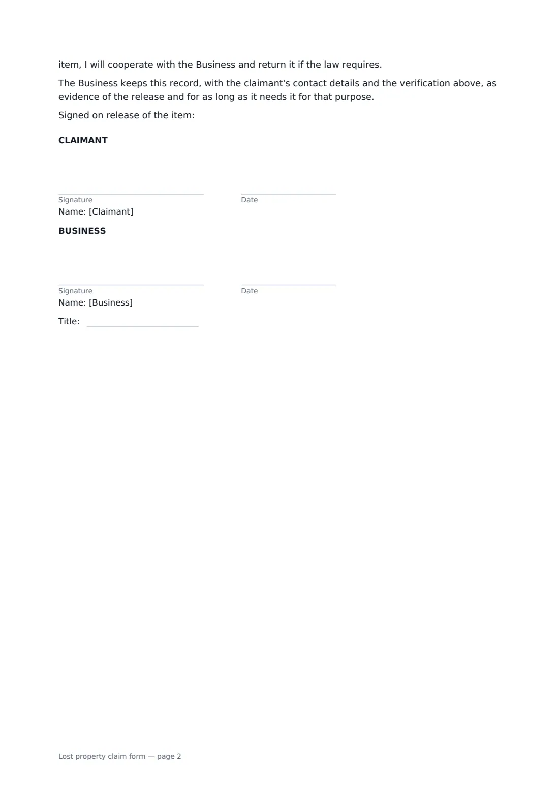 Lost property claim form — page 2 of 2