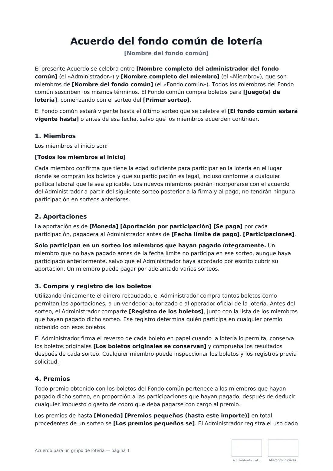 Acuerdo para un grupo de lotería: página 1 de 3