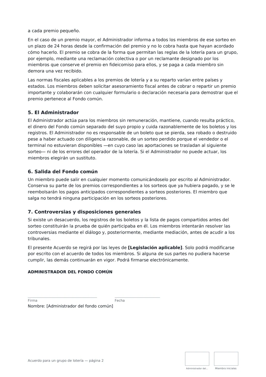 Acuerdo para un grupo de lotería: página 2 de 3