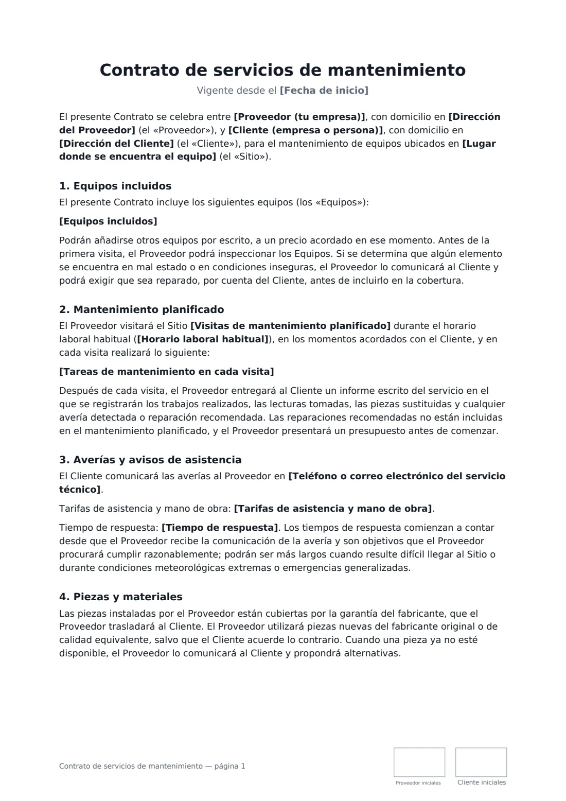 Contrato de servicios de mantenimiento: página 1 de 3