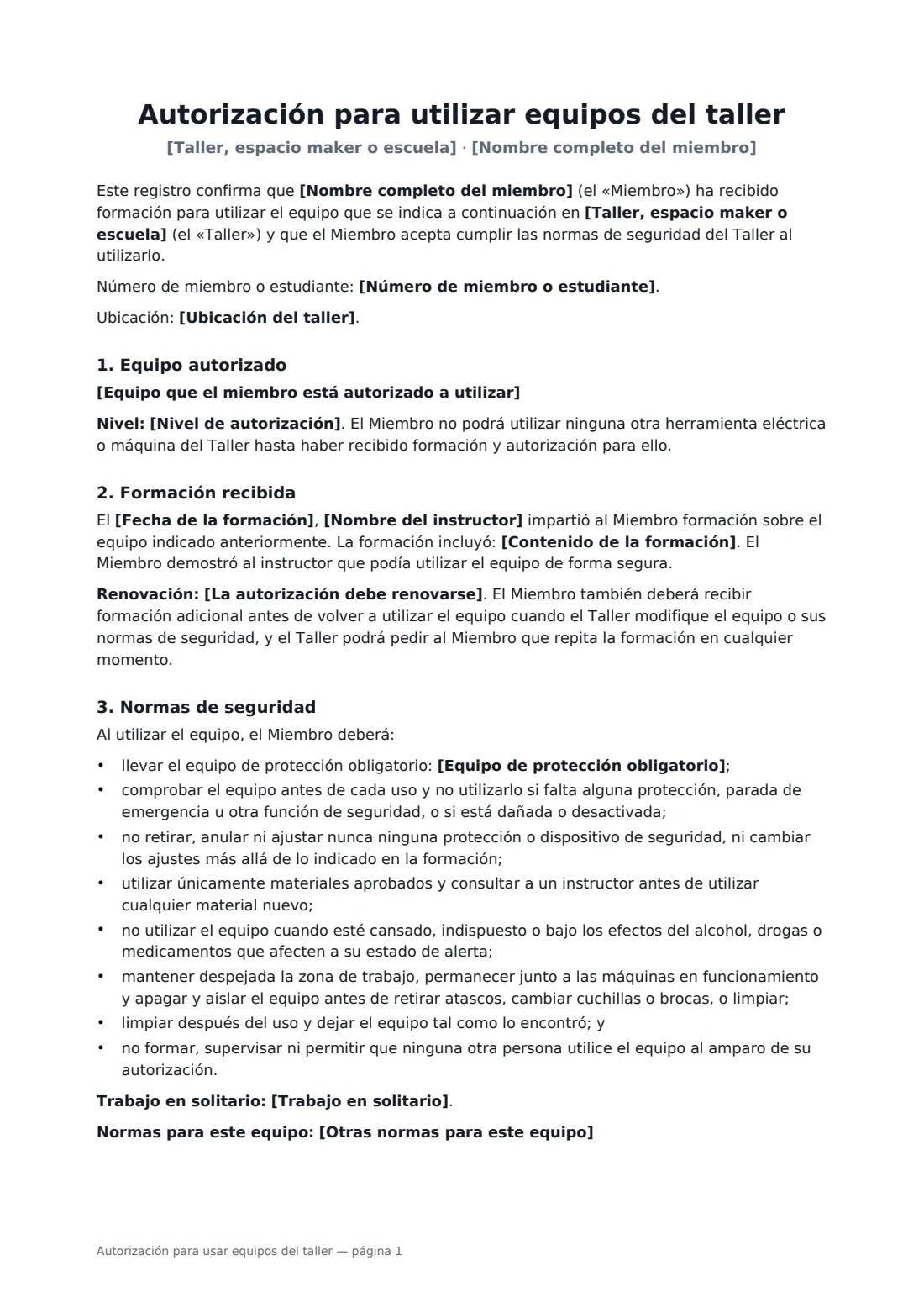 Autorización para usar equipos del taller: página 1 de 2