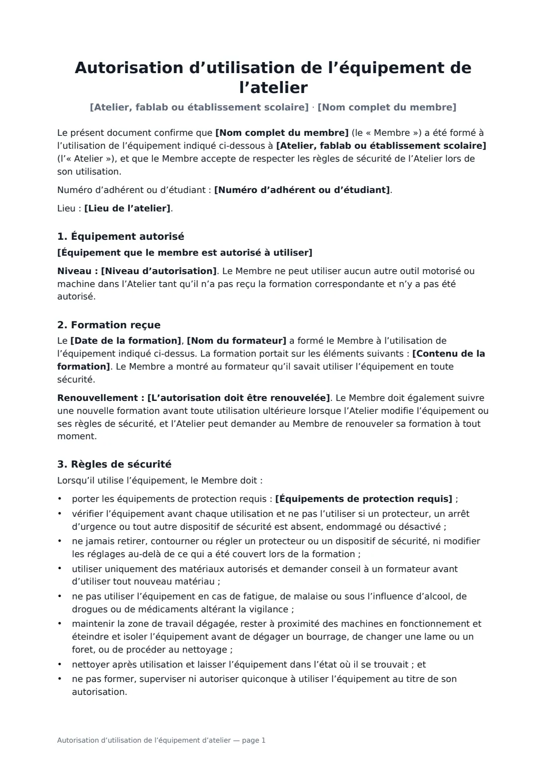 Autorisation d’utilisation de l’équipement d’atelier — page 1 sur 2