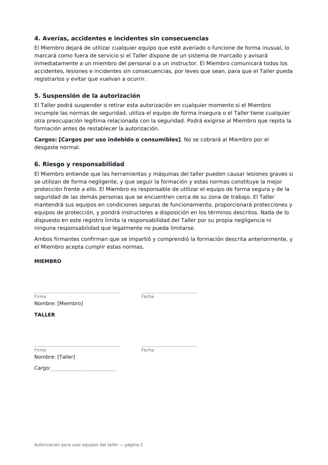Autorización para usar equipos del taller: página 2 de 2