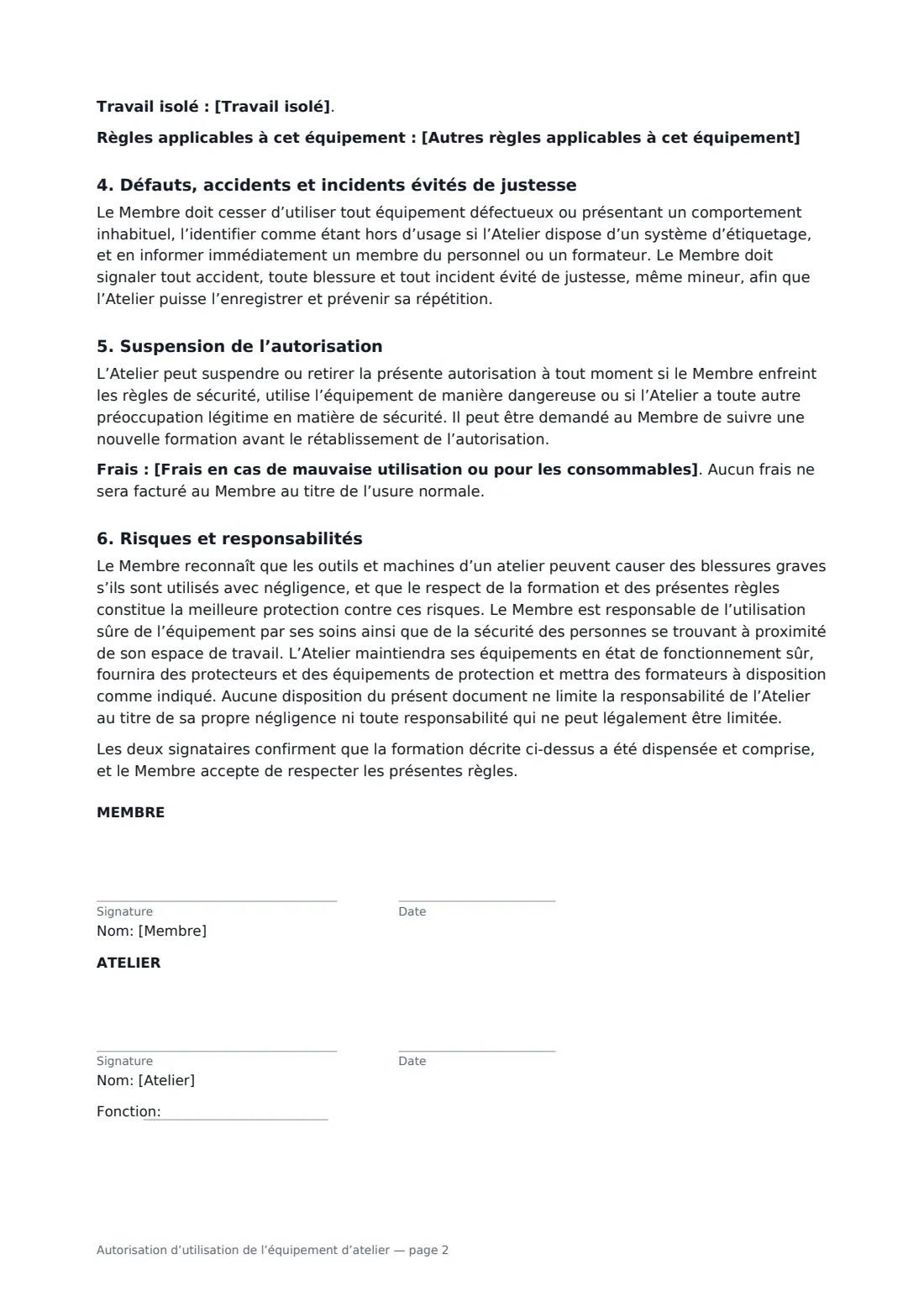 Autorisation d’utilisation de l’équipement d’atelier — page 2 sur 2