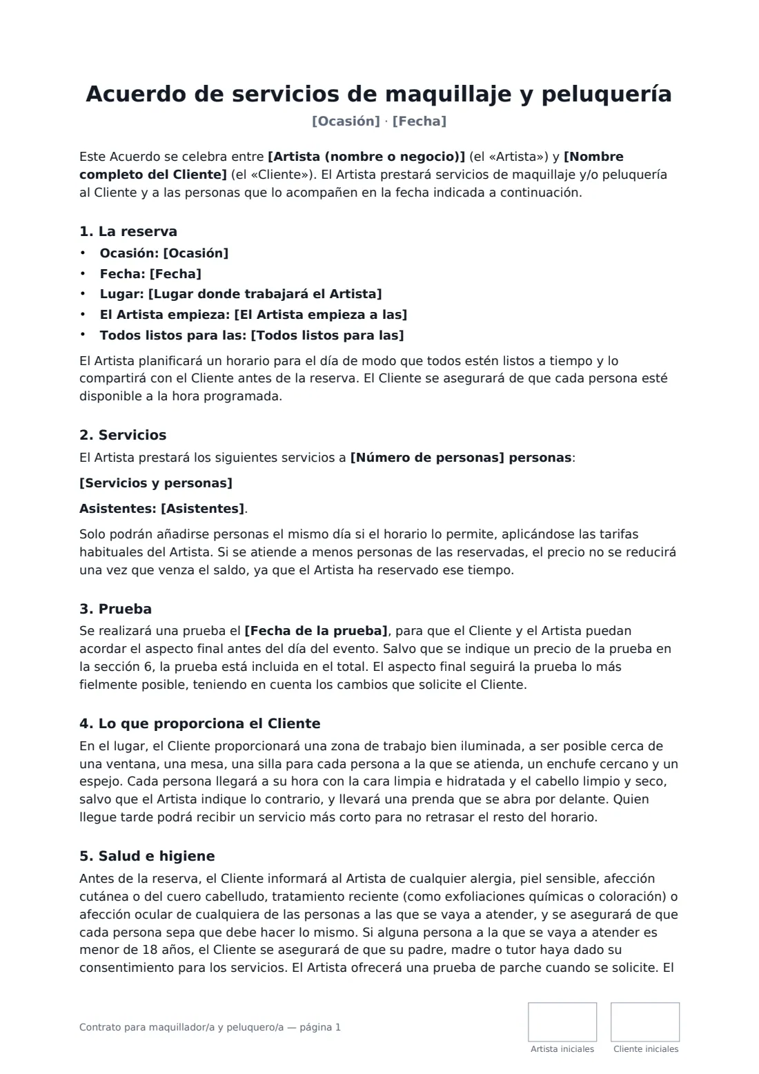 Contrato para maquillador/a y peluquero/a: página 1 de 3