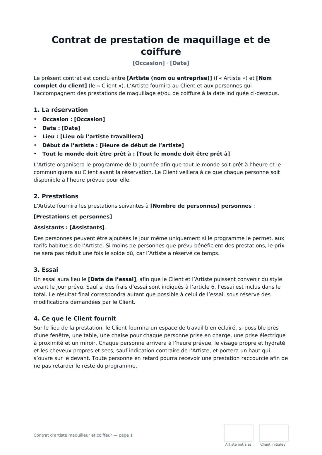 Contrat d’artiste maquilleur et coiffeur — page 1 sur 3