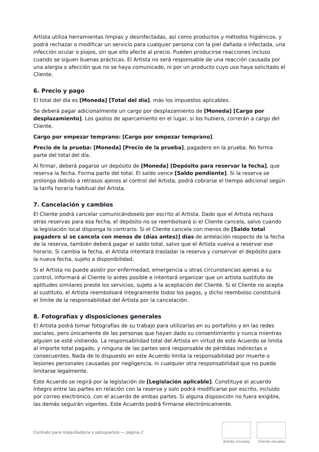Contrato para maquillador/a y peluquero/a: página 2 de 3