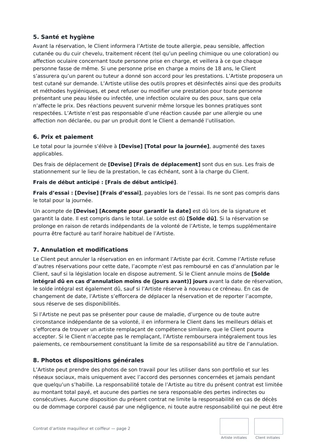 Contrat d’artiste maquilleur et coiffeur — page 2 sur 3