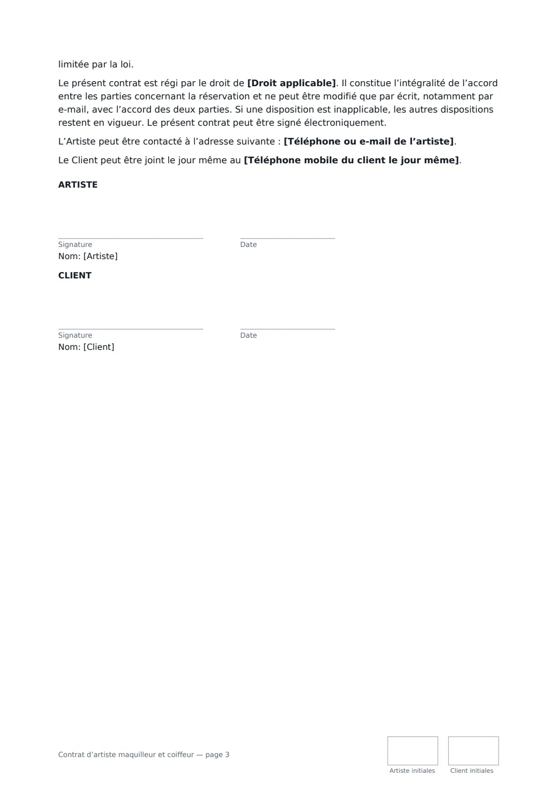 Contrat d’artiste maquilleur et coiffeur — page 3 sur 3