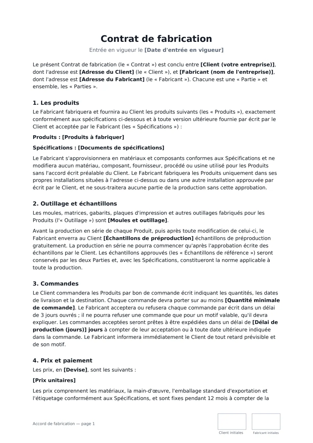 Accord de fabrication — page 1 sur 4
