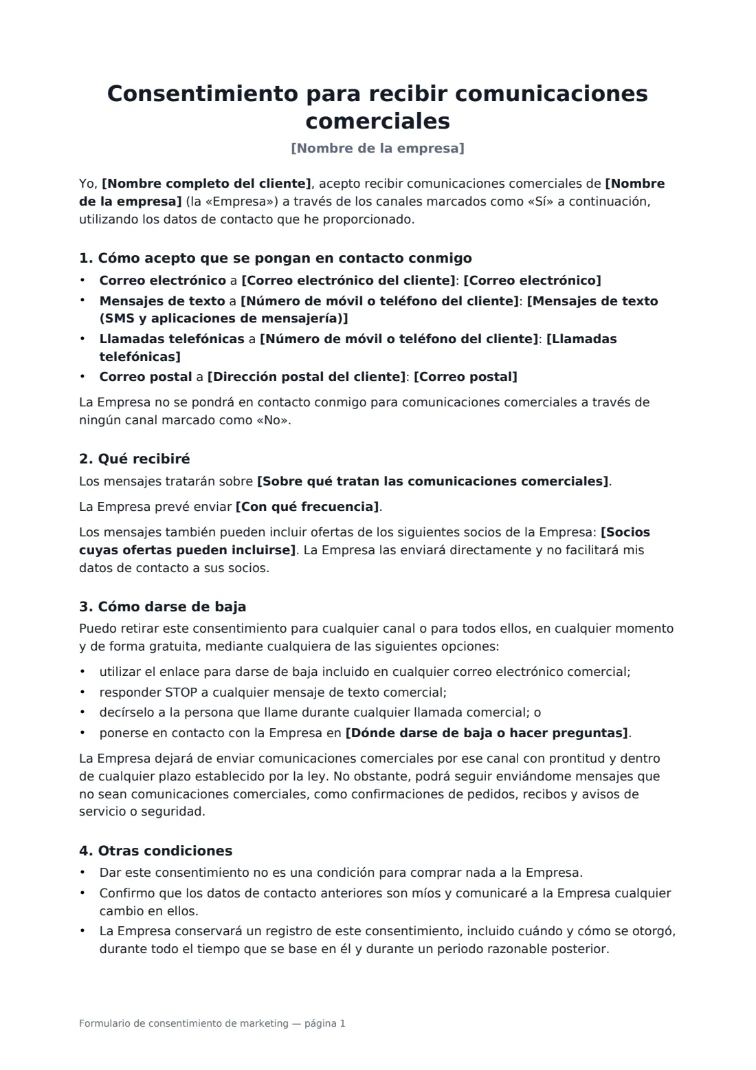 Formulario de consentimiento de marketing: página 1 de 2