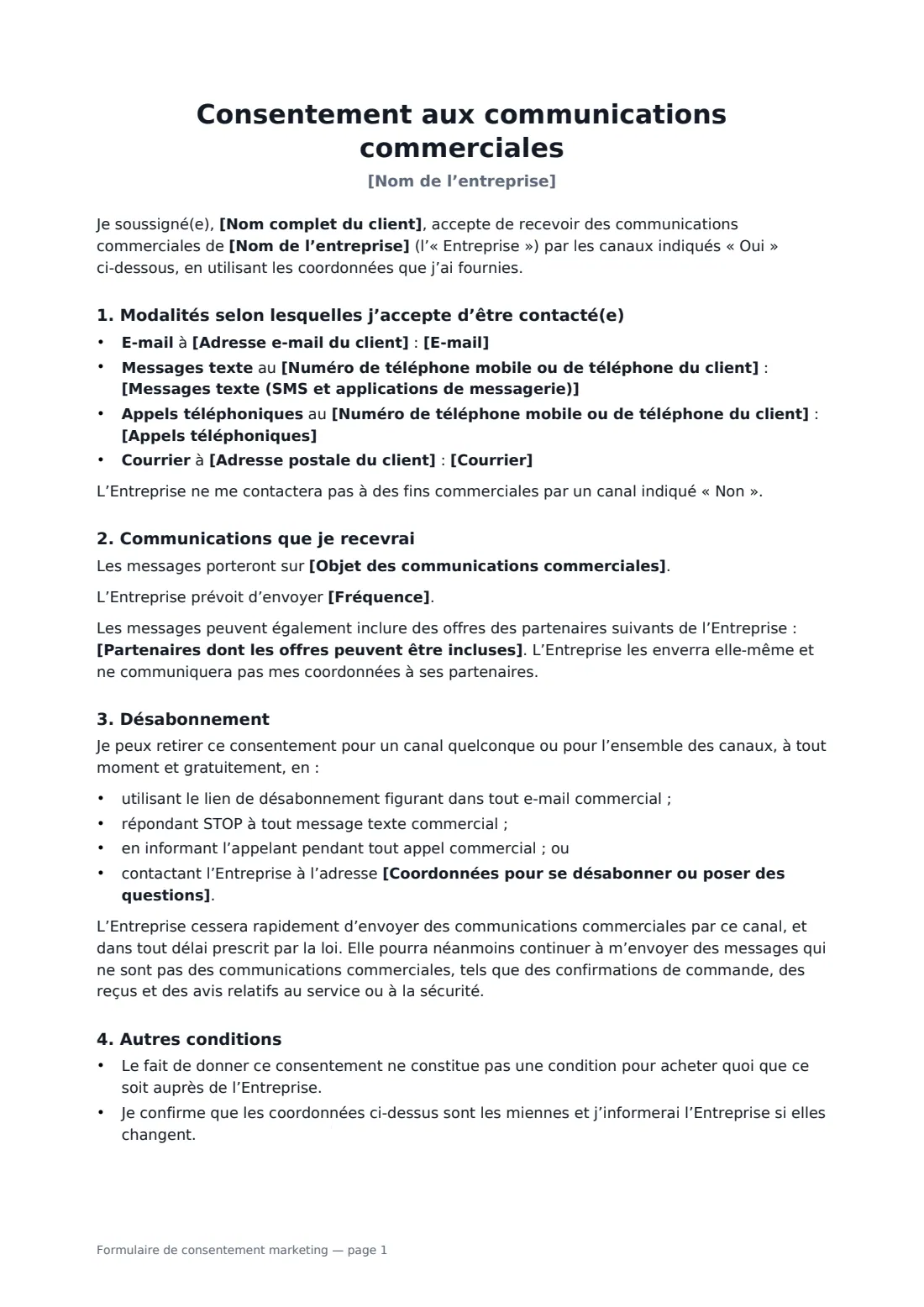 Formulaire de consentement marketing — page 1 sur 2