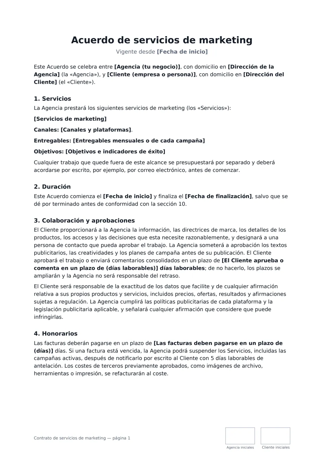 Contrato de servicios de marketing: página 1 de 3