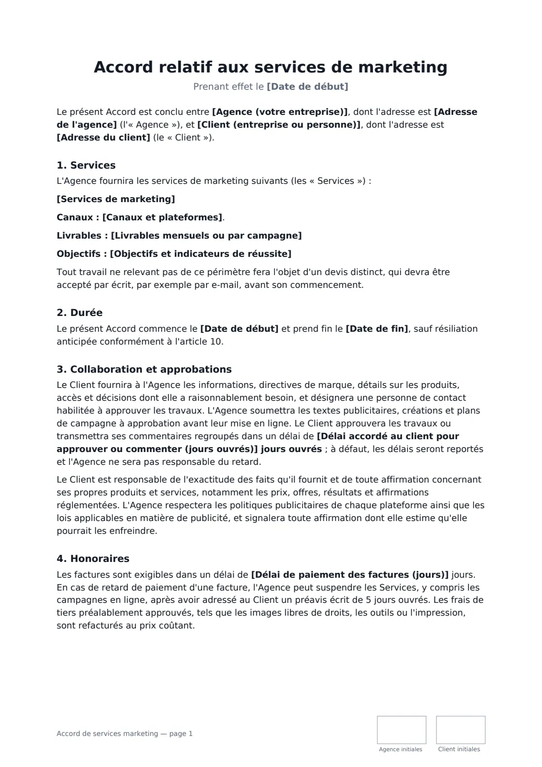 Accord de services marketing — page 1 sur 3