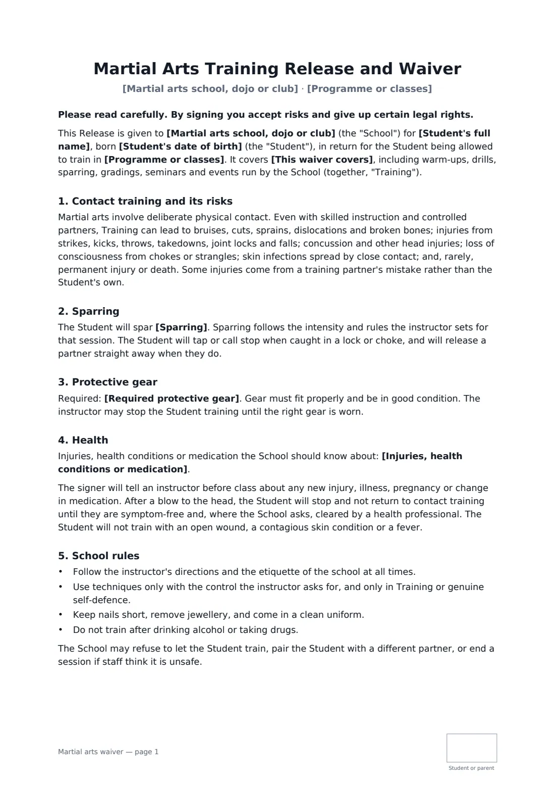 Martial arts waiver — page 1 of 2