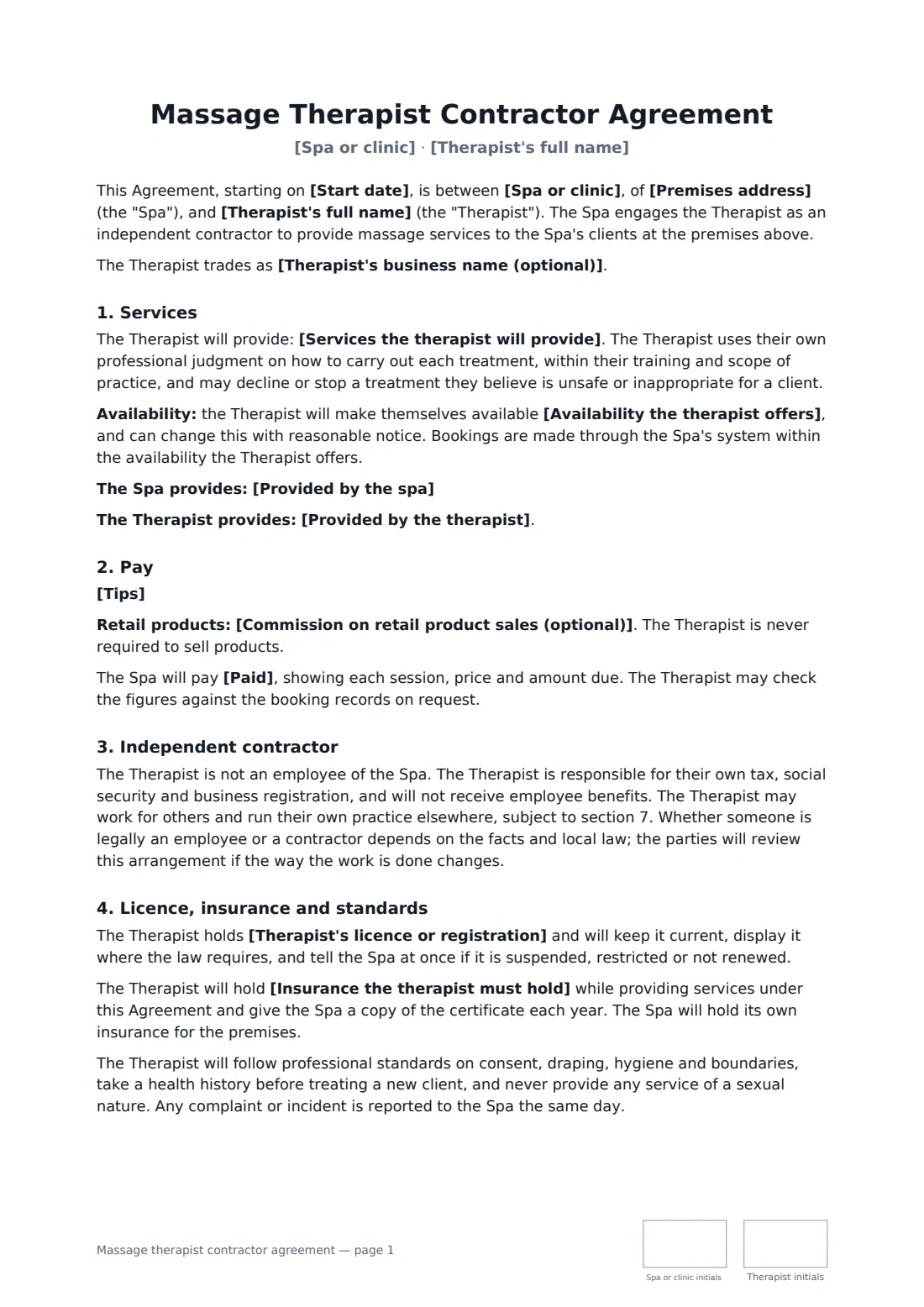 Massage therapist contractor agreement — page 1 of 3