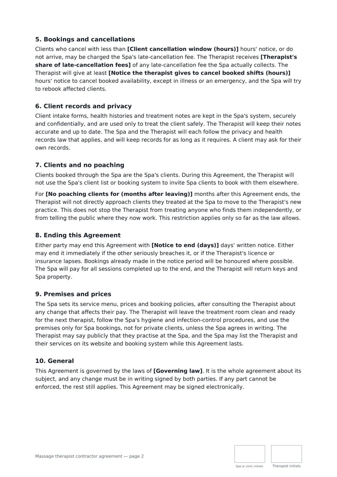 Massage therapist contractor agreement — page 2 of 3