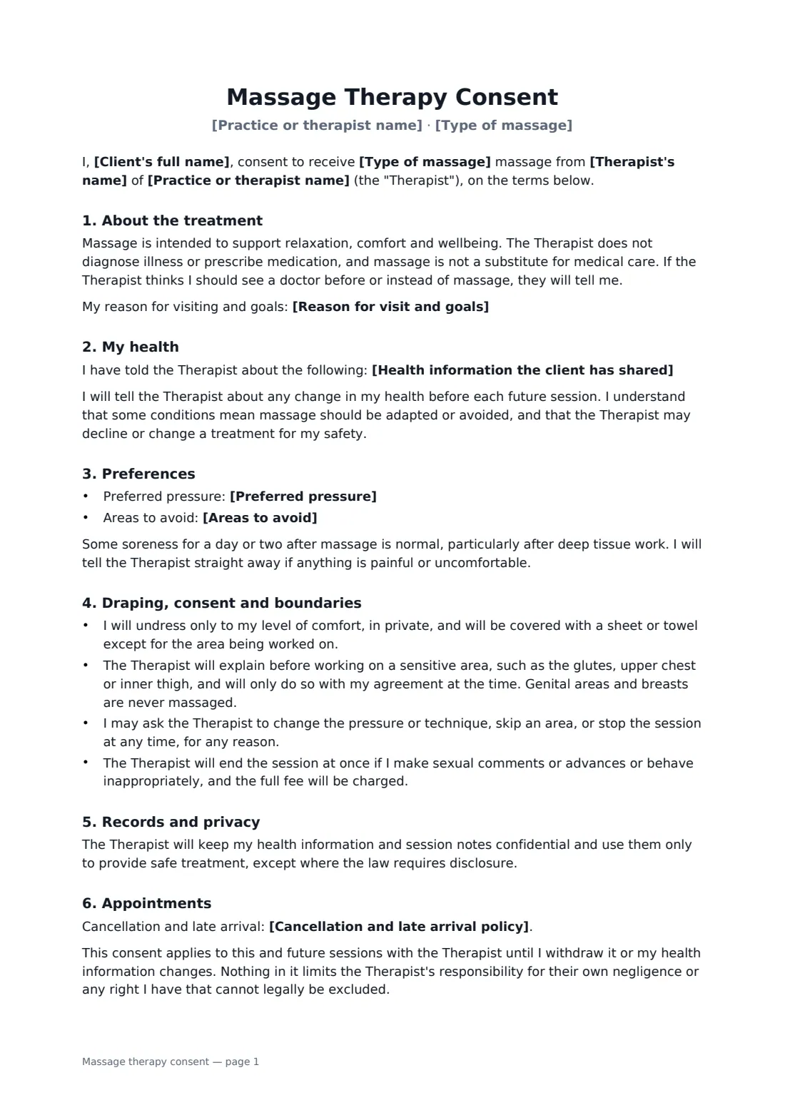 Massage therapy consent — page 1 of 2