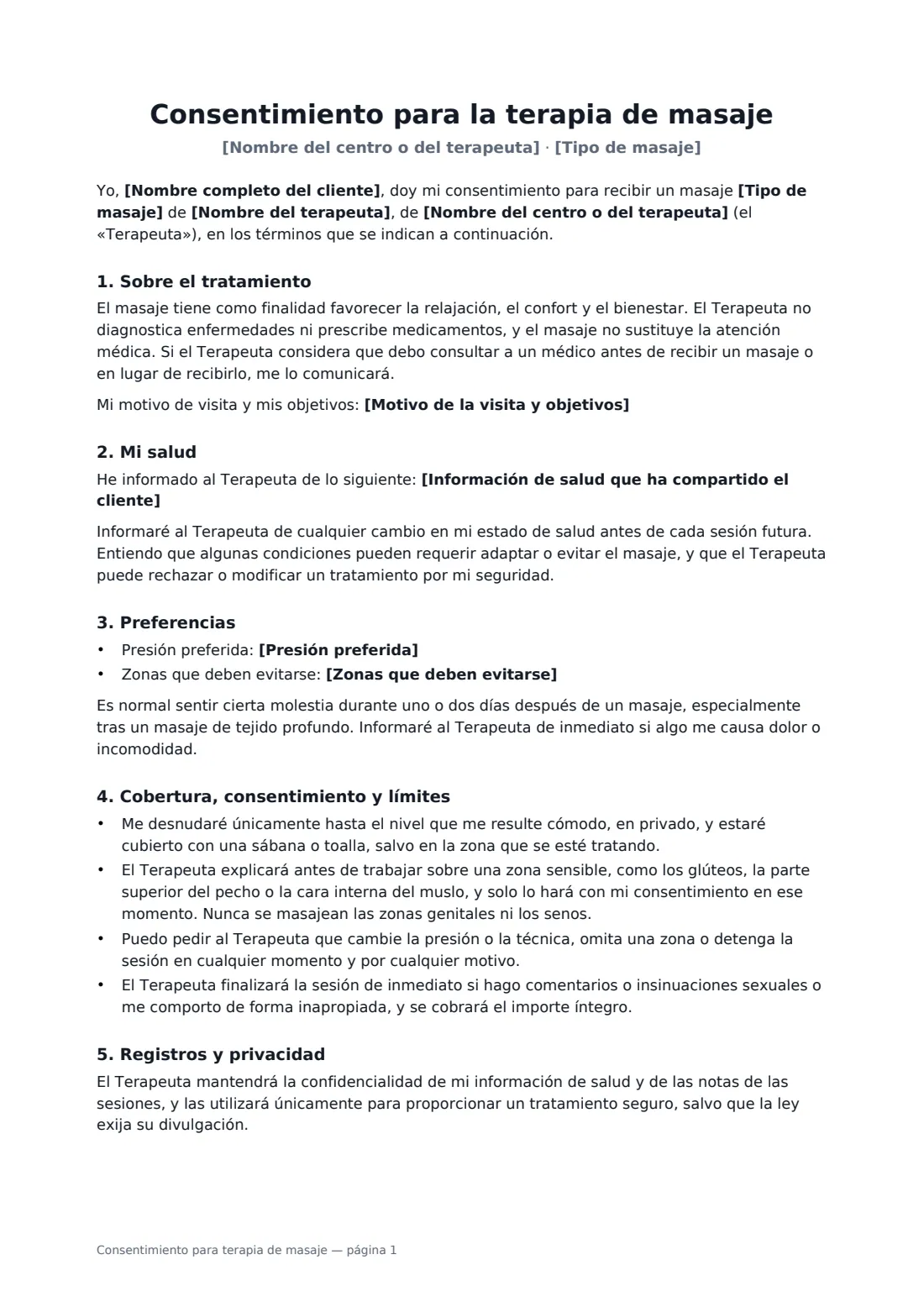 Consentimiento para terapia de masaje: página 1 de 2