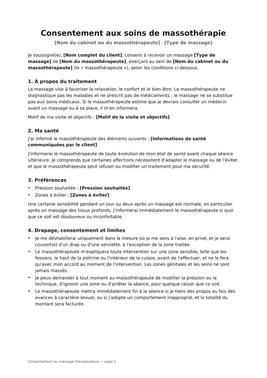 Consentement au massage thérapeutique — page 1 sur 2