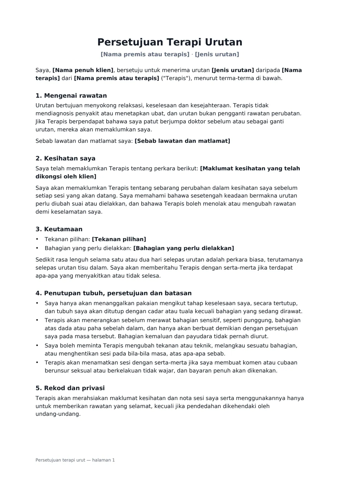 Persetujuan terapi urut — halaman 1 daripada 2