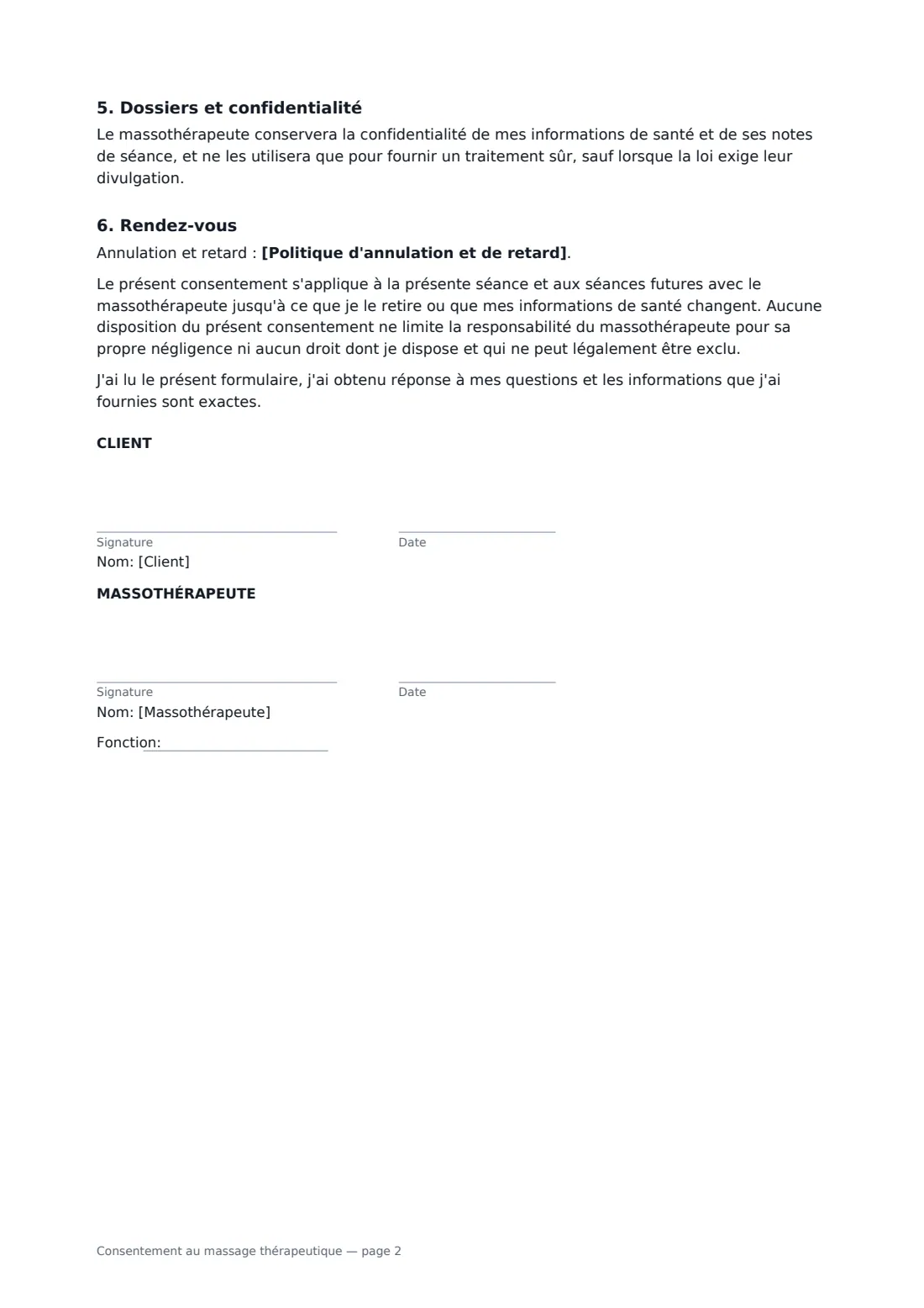 Consentement au massage thérapeutique — page 2 sur 2
