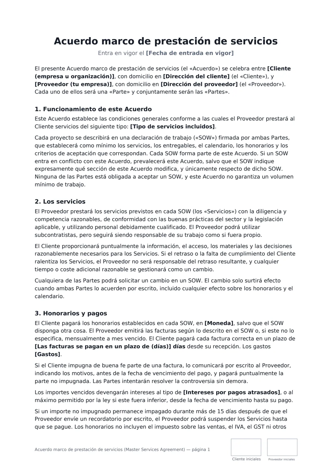 Acuerdo marco de prestación de servicios (Master Services Agreement): página 1 de 5