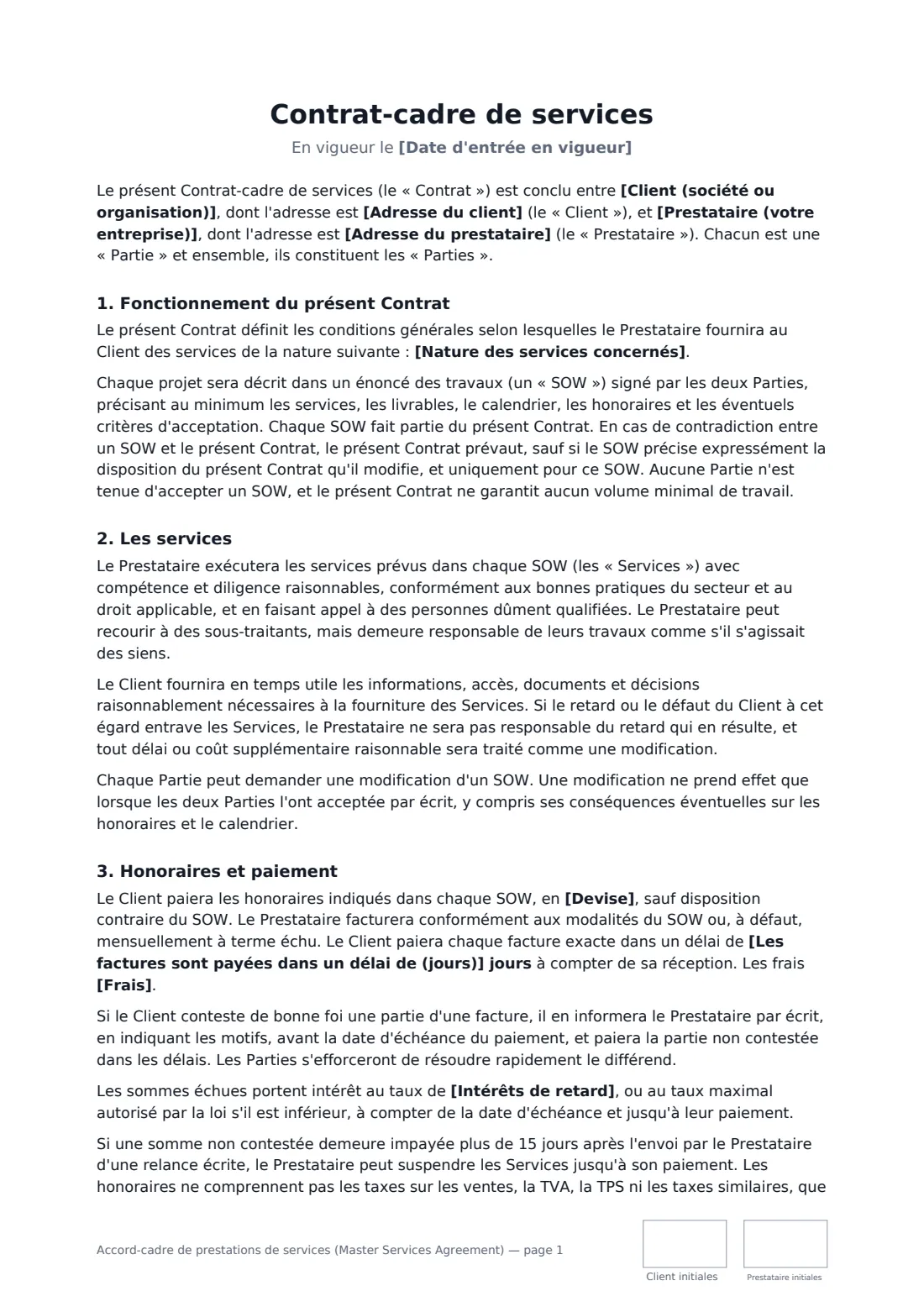 Accord-cadre de prestations de services (Master Services Agreement) — page 1 sur 5