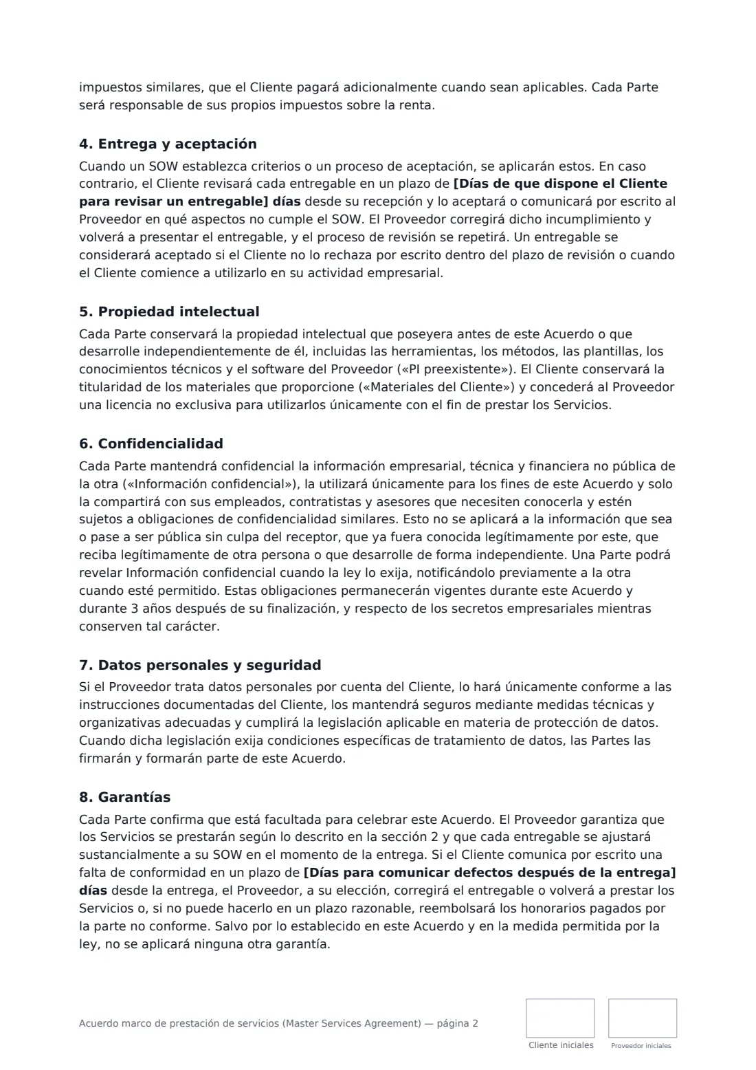 Acuerdo marco de prestación de servicios (Master Services Agreement): página 2 de 5