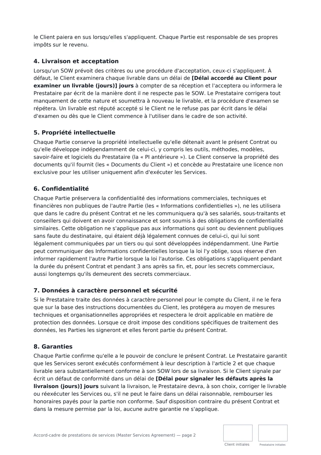 Accord-cadre de prestations de services (Master Services Agreement) — page 2 sur 5