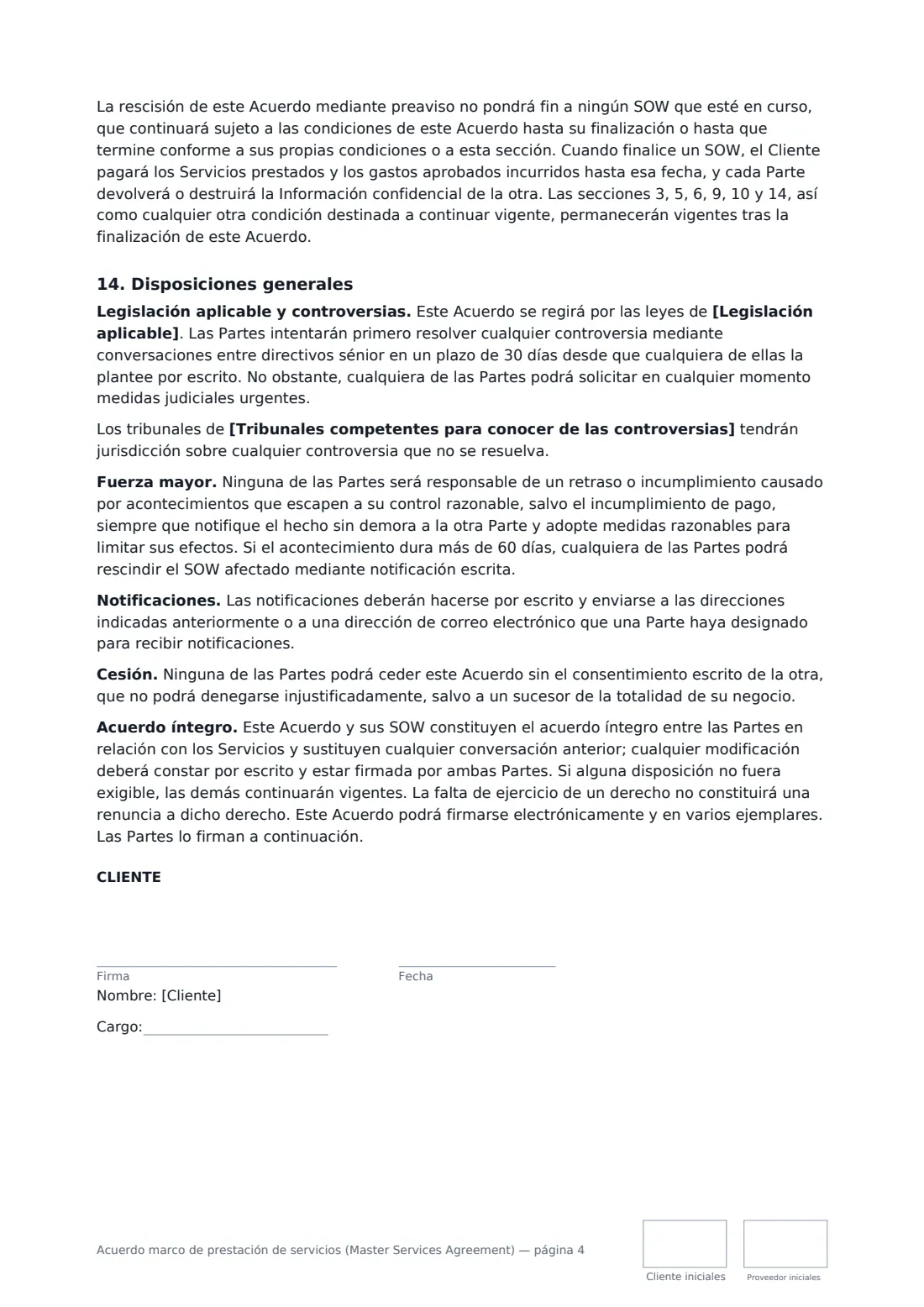 Acuerdo marco de prestación de servicios (Master Services Agreement): página 4 de 5
