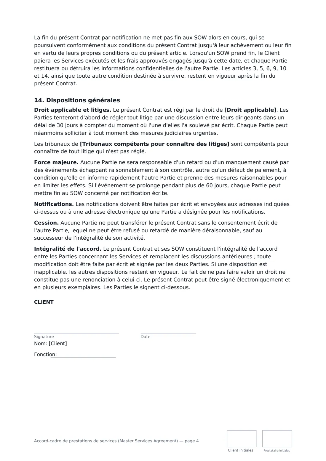 Accord-cadre de prestations de services (Master Services Agreement) — page 4 sur 5