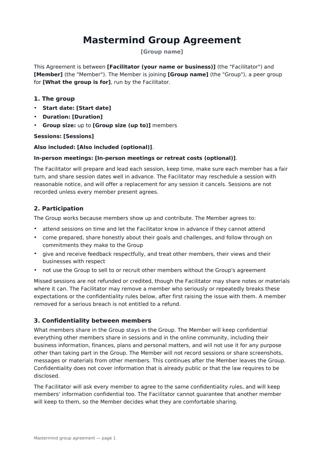 Mastermind group agreement — page 1 of 2