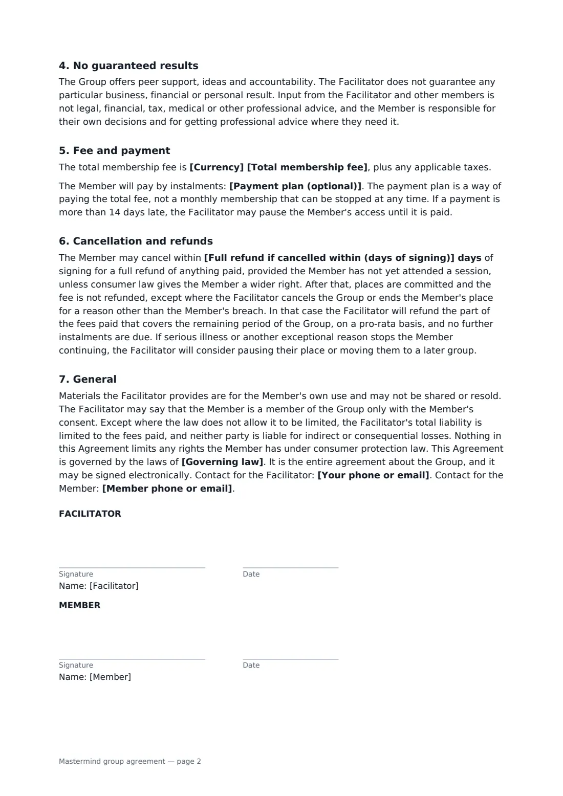 Mastermind group agreement — page 2 of 2