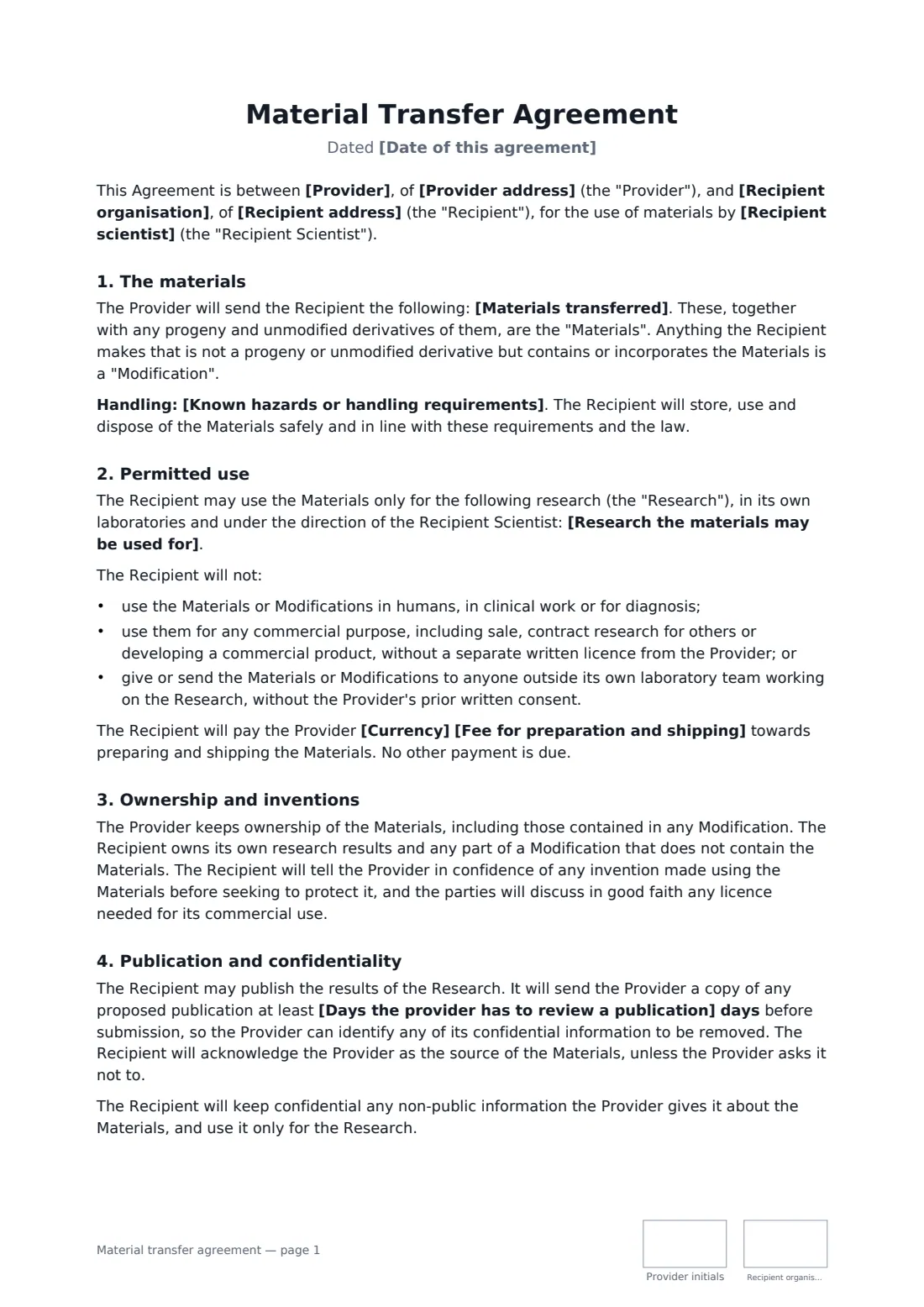 Material transfer agreement — page 1 of 2