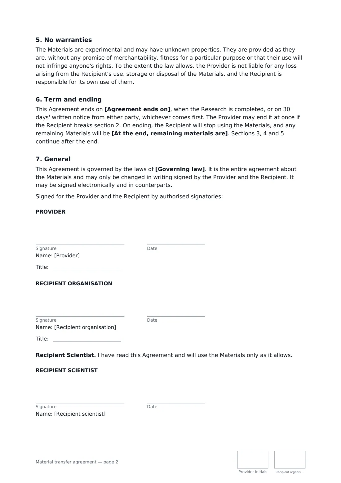 Material transfer agreement — page 2 of 2