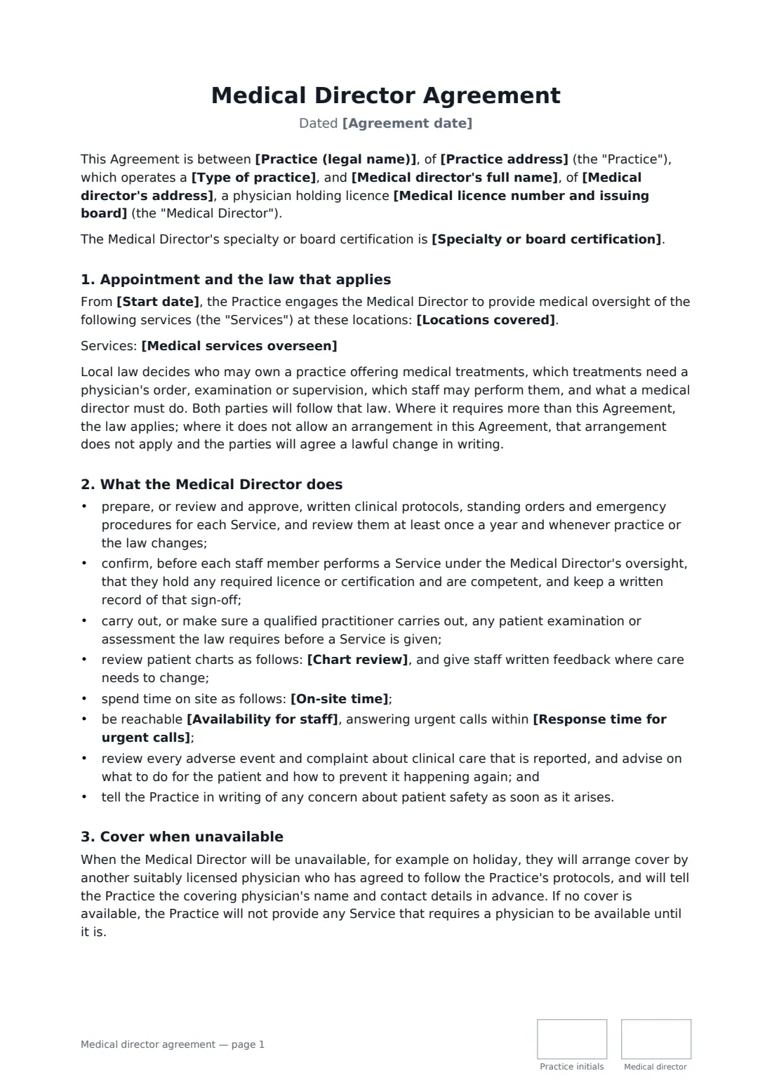 Medical director agreement — page 1 of 3
