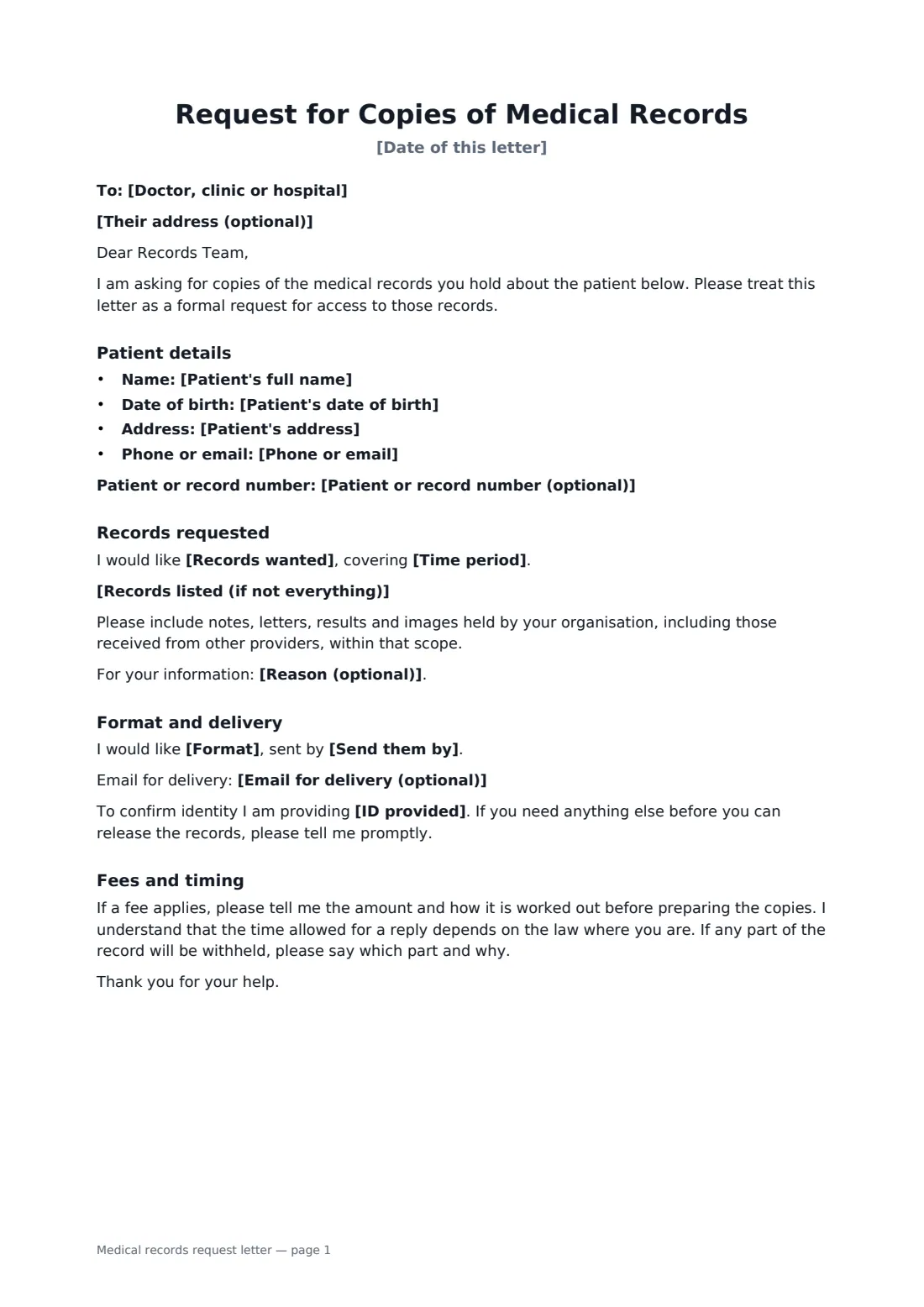 Medical records request letter — page 1 of 2