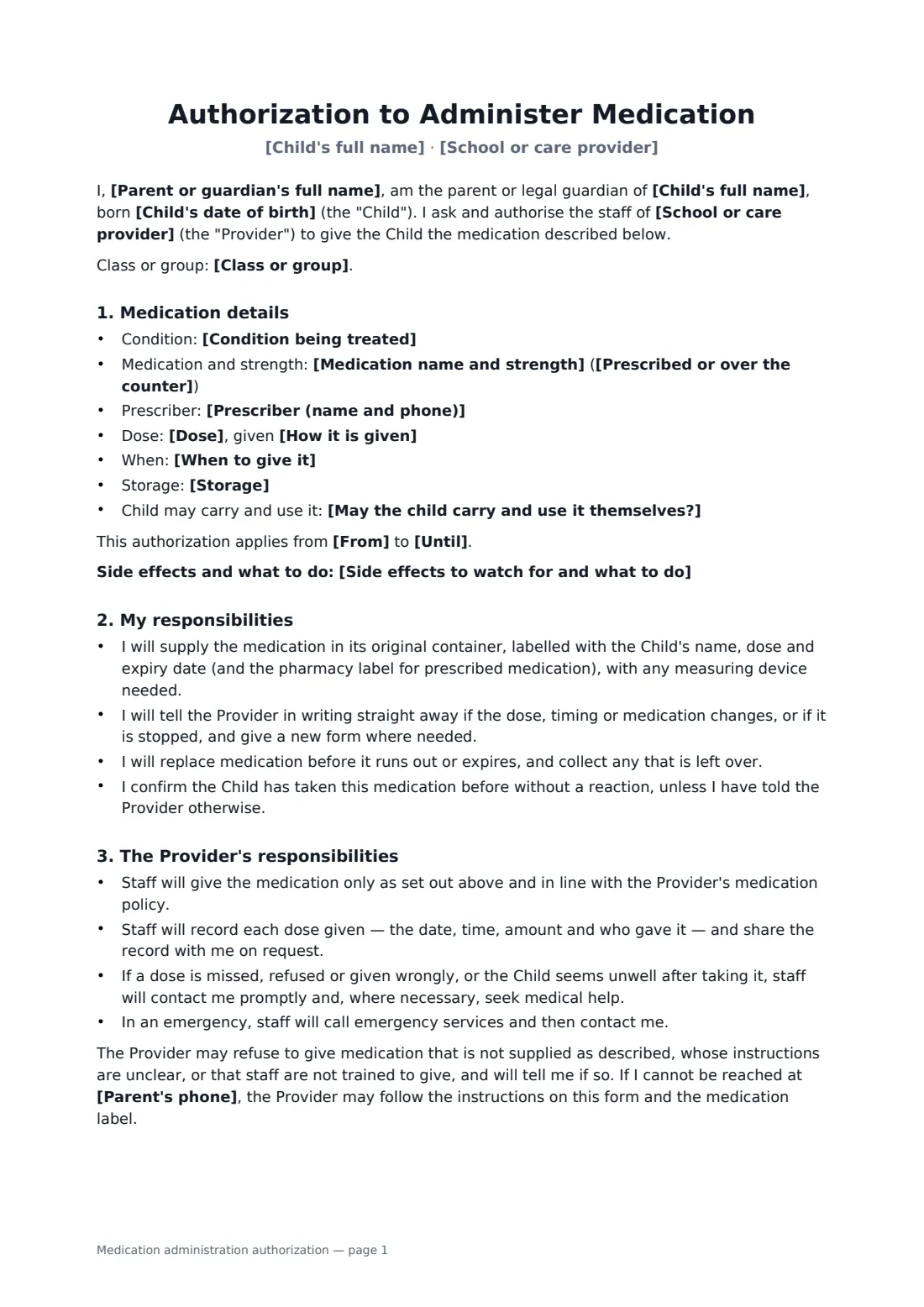 Medication administration authorization — page 1 of 2