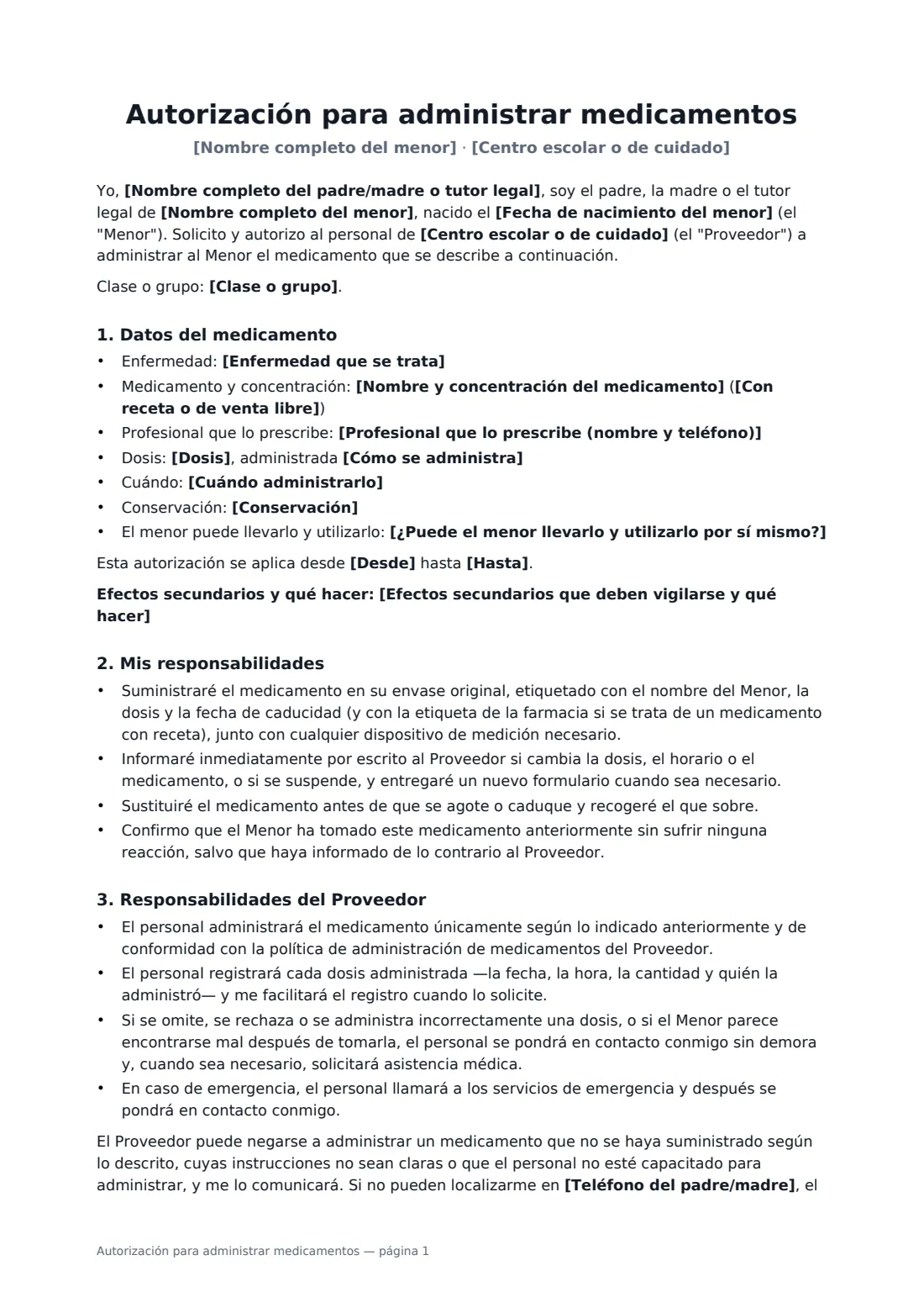 Autorización para administrar medicamentos: página 1 de 2