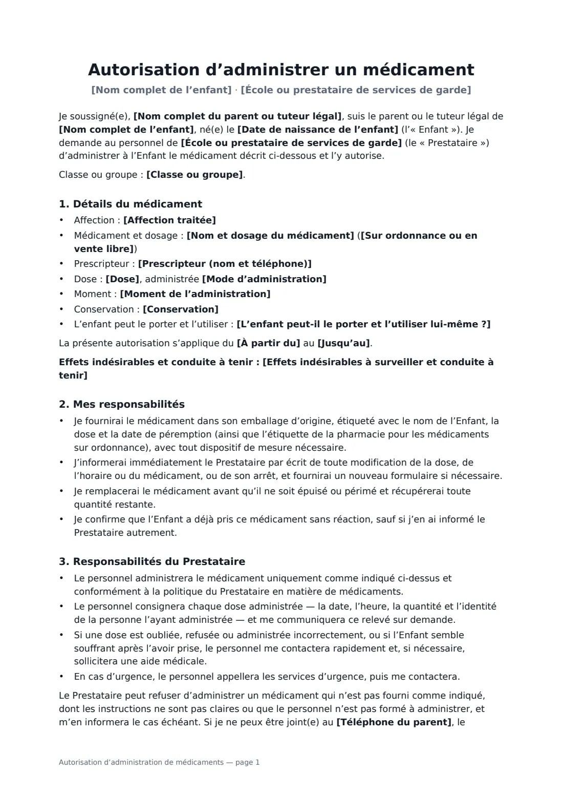 Autorisation d’administration de médicaments — page 1 sur 2