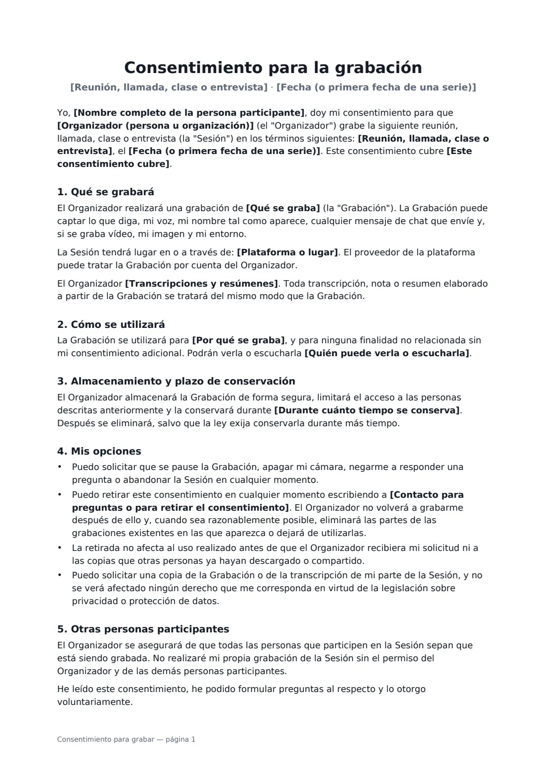 Consentimiento para grabar: página 1 de 2