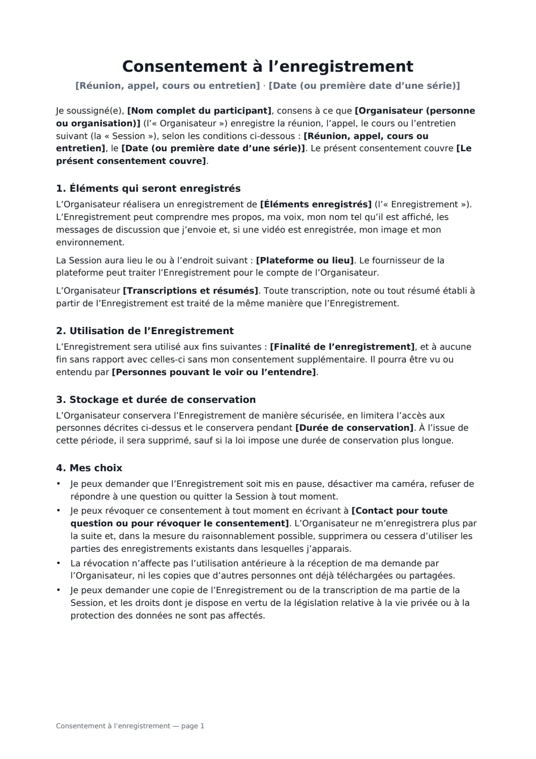 Consentement à l’enregistrement — page 1 sur 2