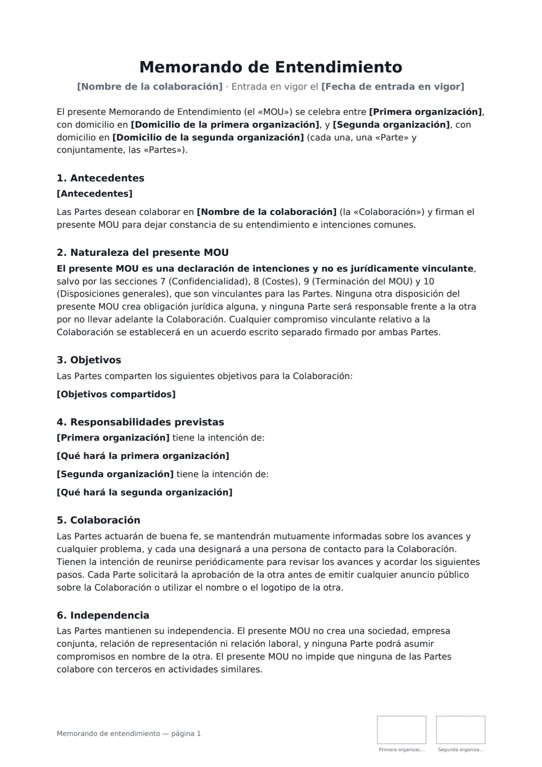 Memorando de entendimiento: página 1 de 2