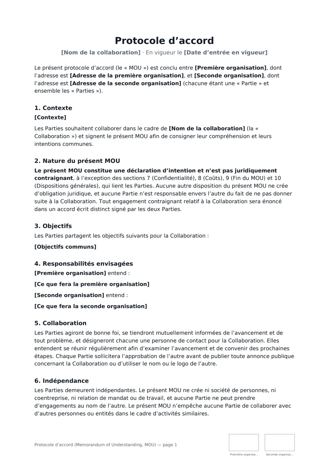 Protocole d’accord (Memorandum of Understanding, MOU) — page 1 sur 2