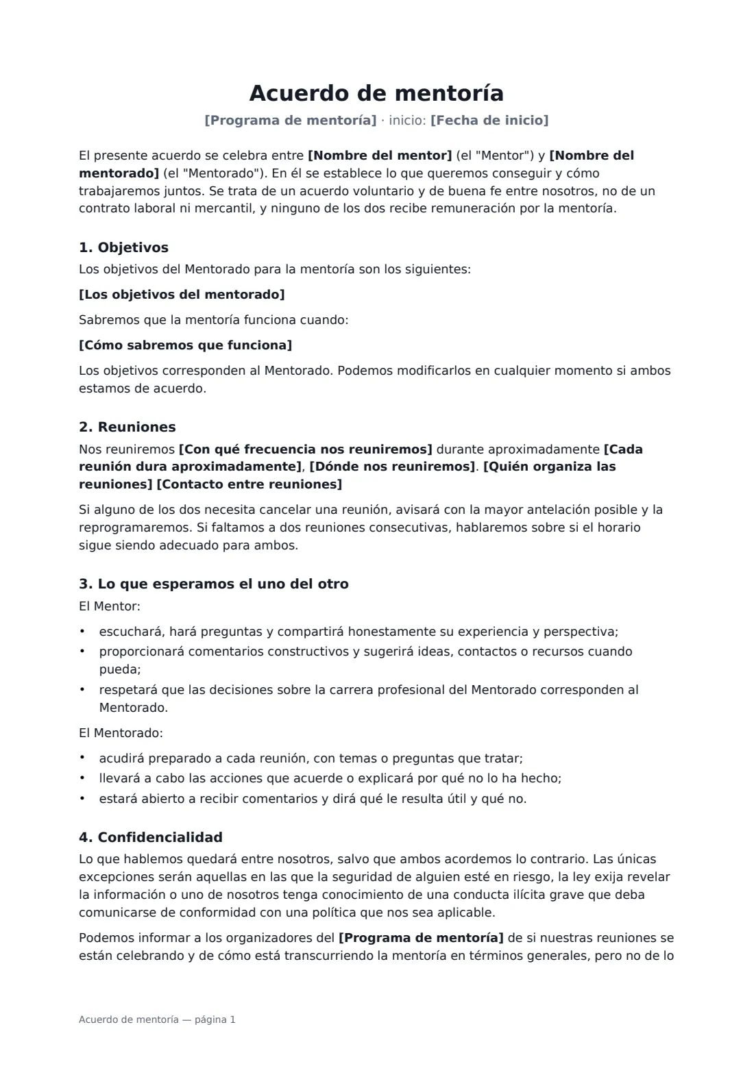 Acuerdo de mentoría: página 1 de 2