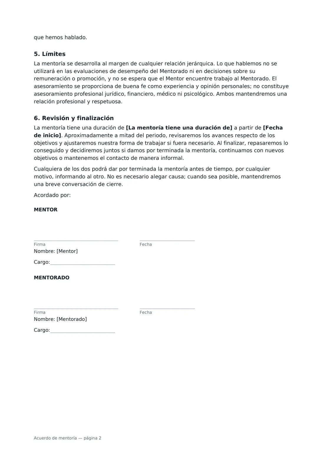 Acuerdo de mentoría: página 2 de 2