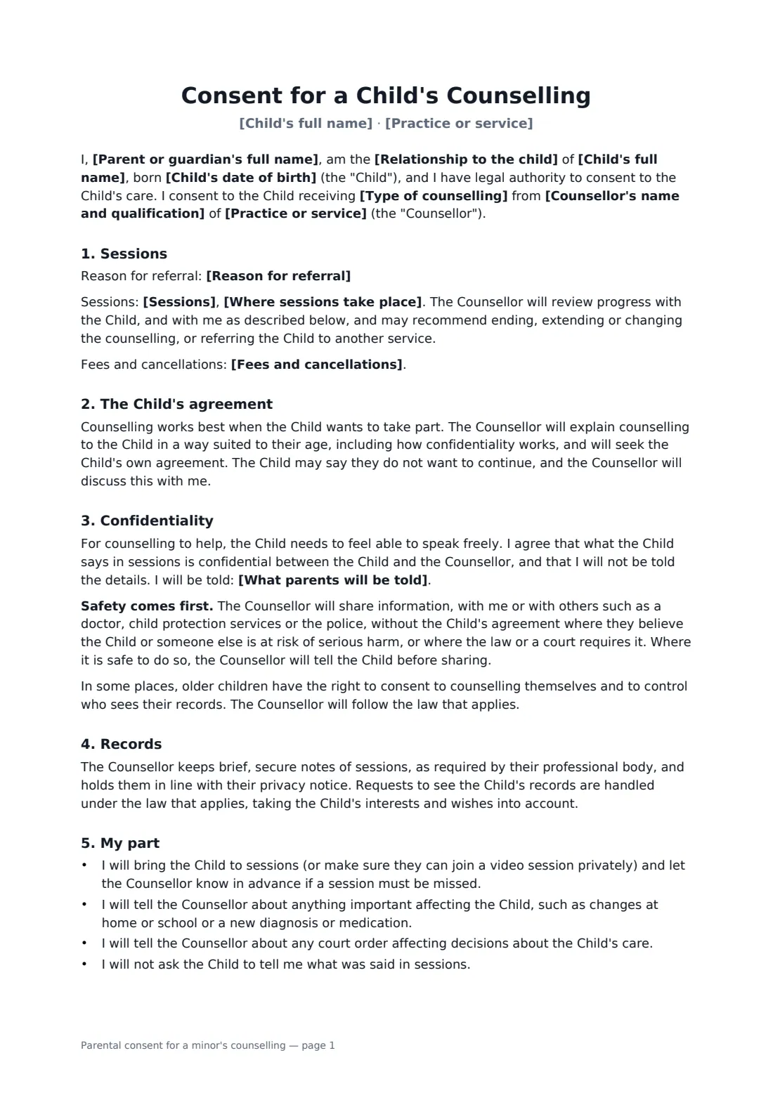Parental consent for a minor's counselling — page 1 of 2