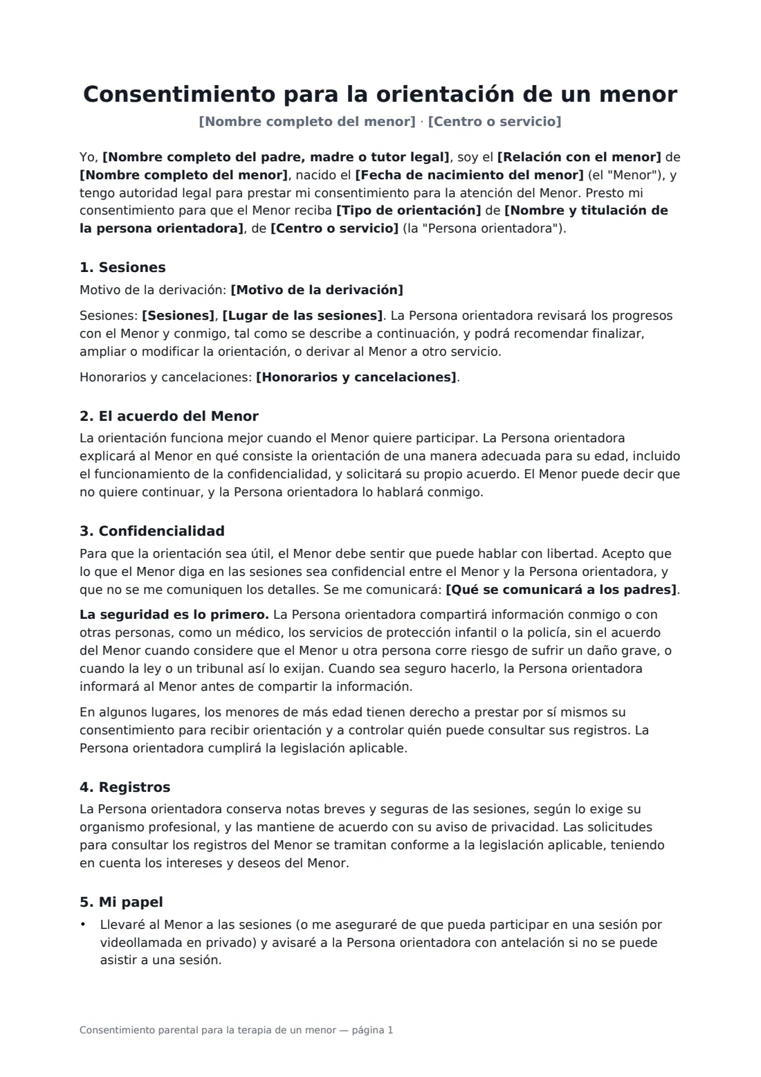 Consentimiento parental para la terapia de un menor: página 1 de 2