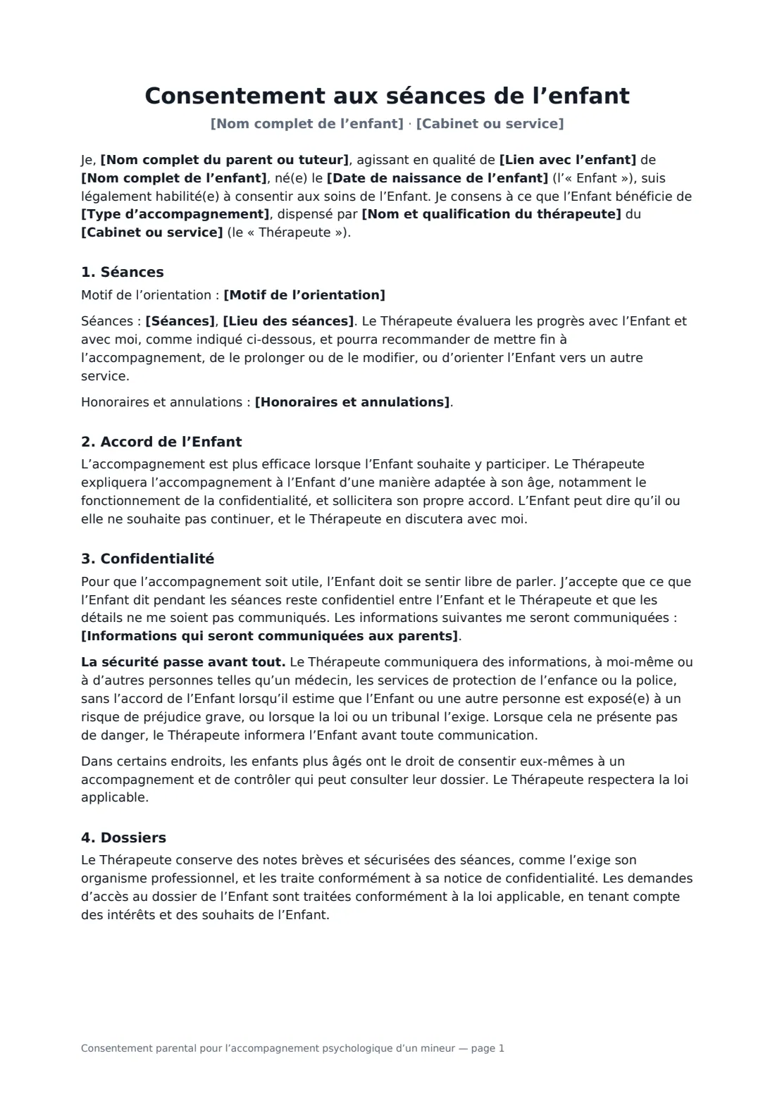 Consentement parental pour l’accompagnement psychologique d’un mineur — page 1 sur 2